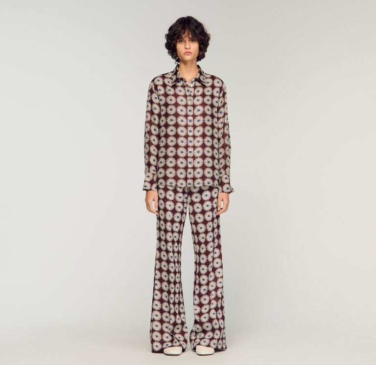 Женская шелковая рубашка с цветочным принтом