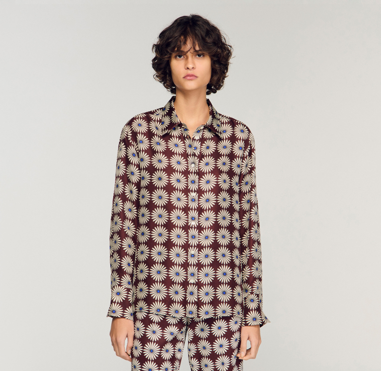 Женская шелковая рубашка с цветочным принтом