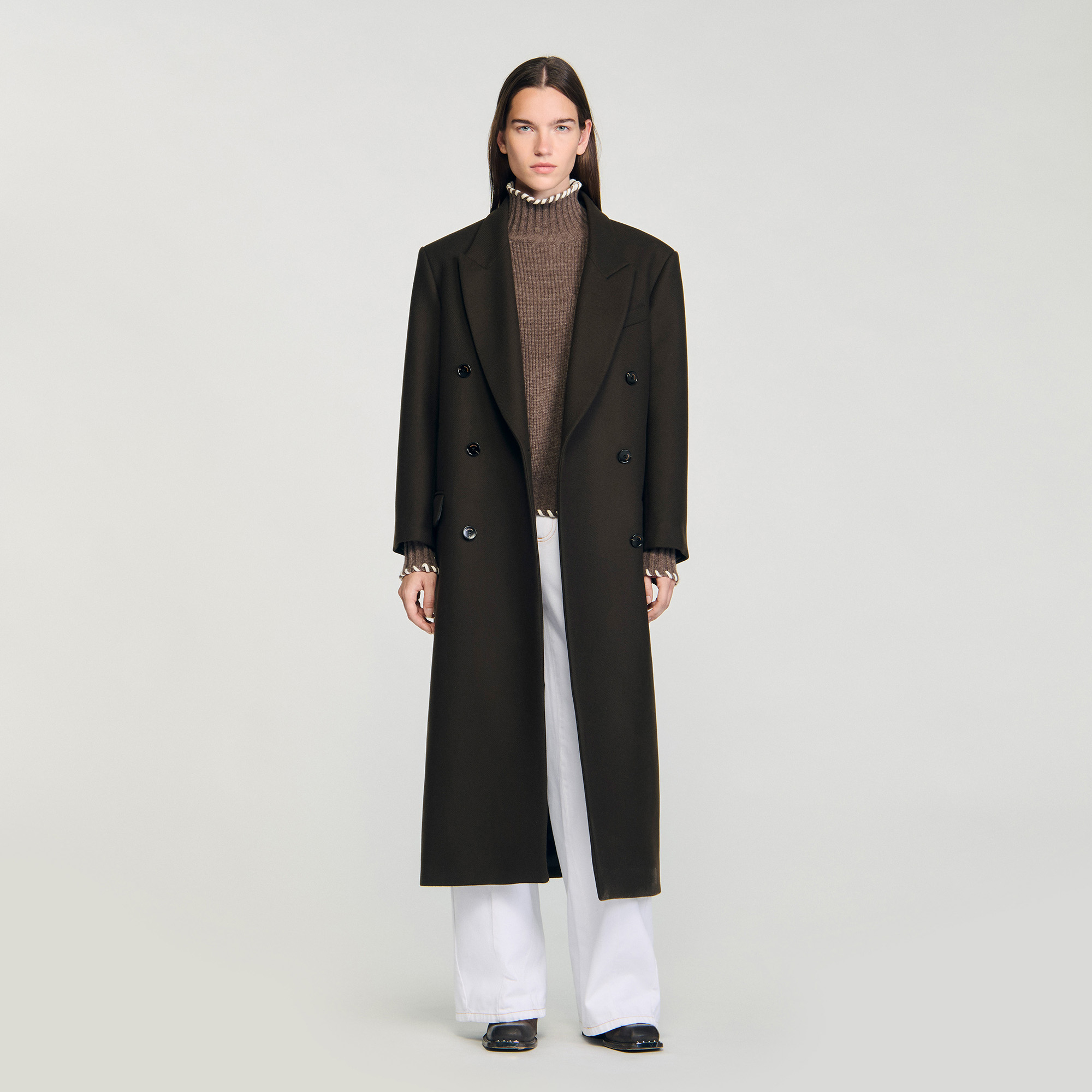 Женское коричневое прямое пальто Sandro SFPOU00754_Brown — Sandro