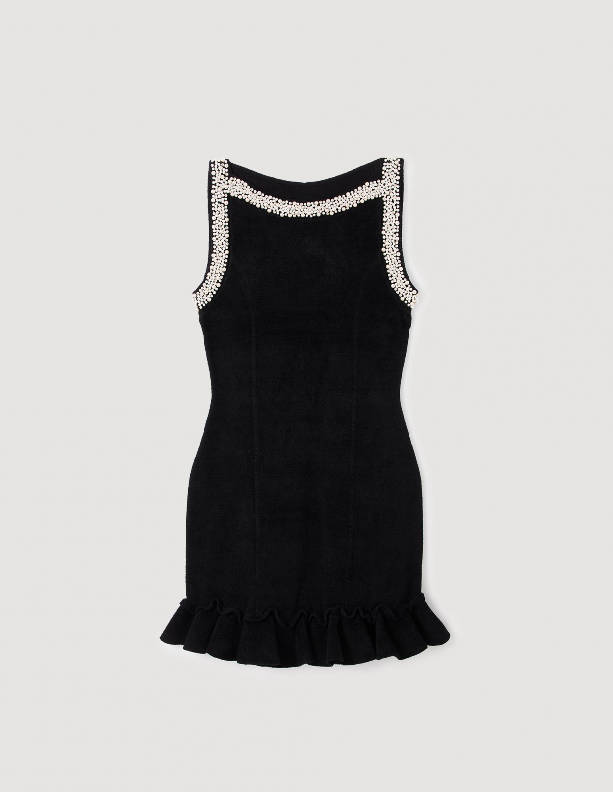 Женское короткое платье с декоративным жемчугом_6