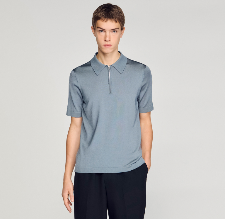 Мужское серое вязаное поло с застежкой-молнией