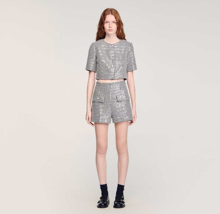 Жіночі шорти з візерунком «гусяча лапка», розшиті паєтками