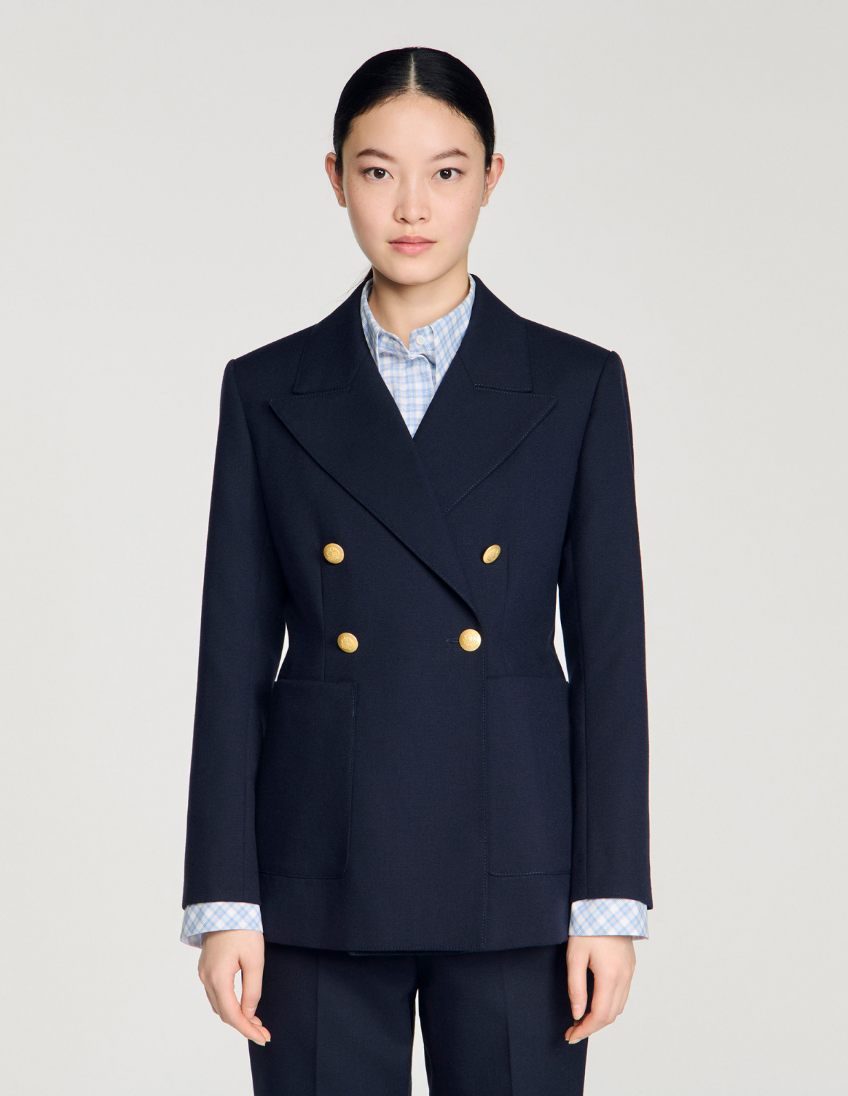 Жіночий синій двобортний жакет_4