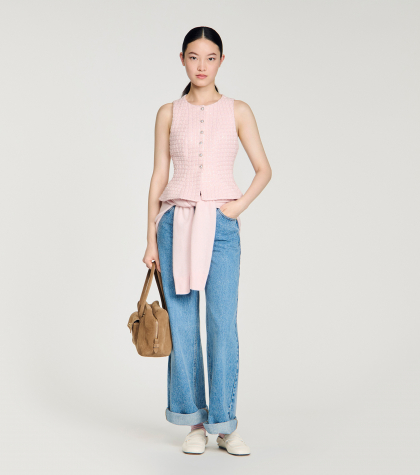 Женский твидовый жилет в клетку с пайетками