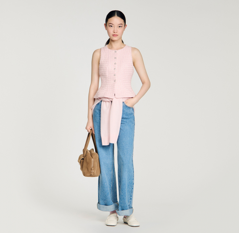 Женский твидовый жилет в клетку с пайетками