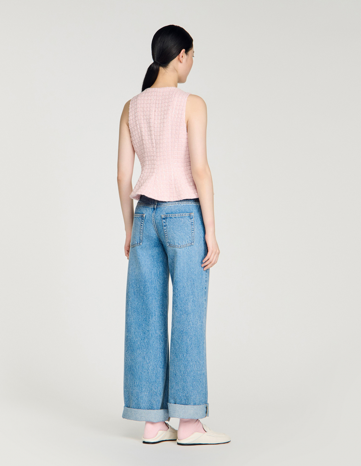 Женский твидовый жилет в клетку с пайетками_5