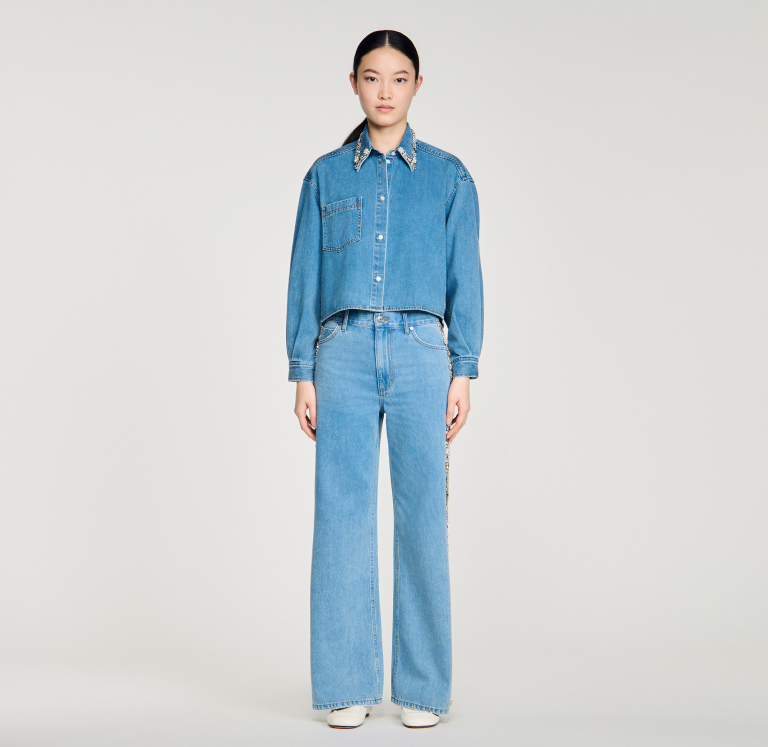 Жіноча джинсова сорочка з квітковим візерунком