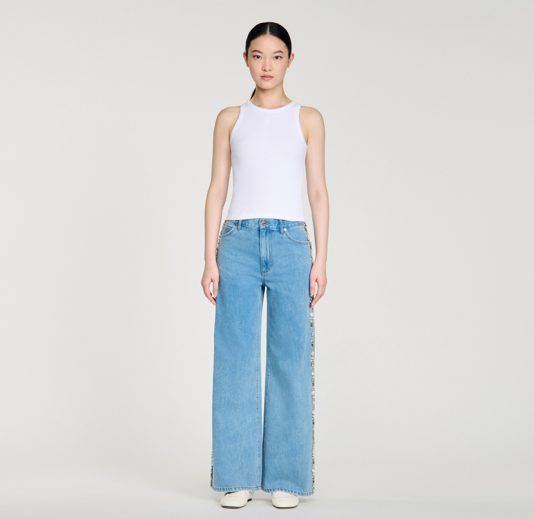 Женские широкие джинсы с цветочным узором