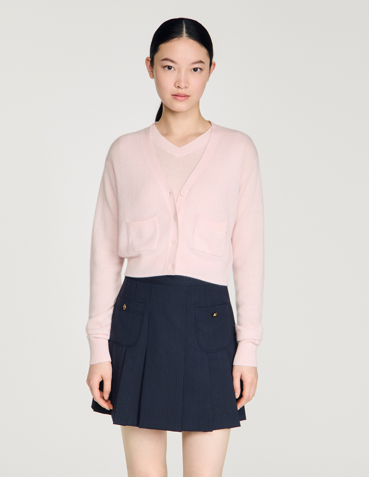 Женский короткий кардиган из комбинированной шерсти_4