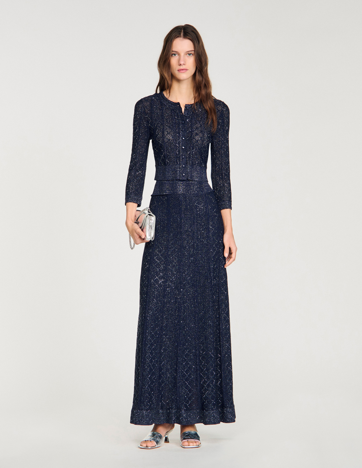 Жіноча довга в'язана спідниця зі стразами_1