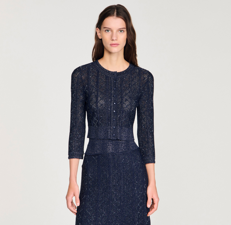 Жіночий короткий в'язаний кардиган зі стразами