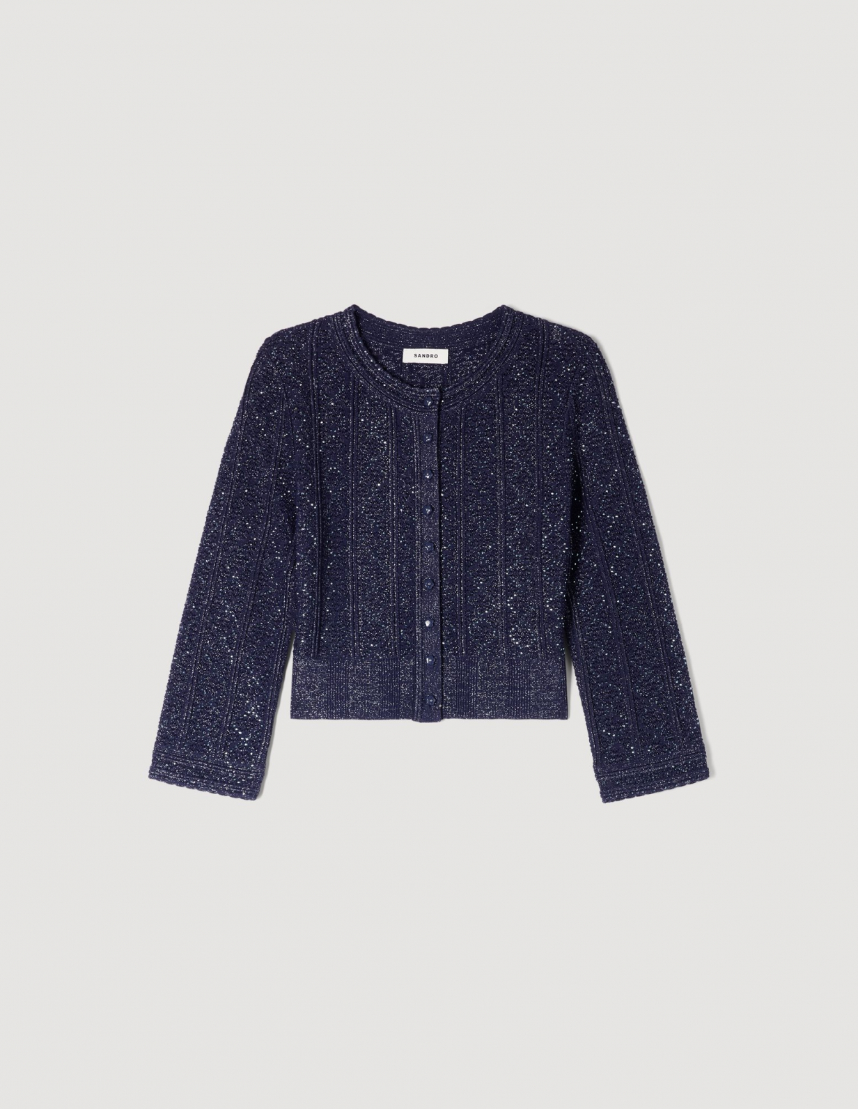 Жіночий короткий в'язаний кардиган зі стразами_6