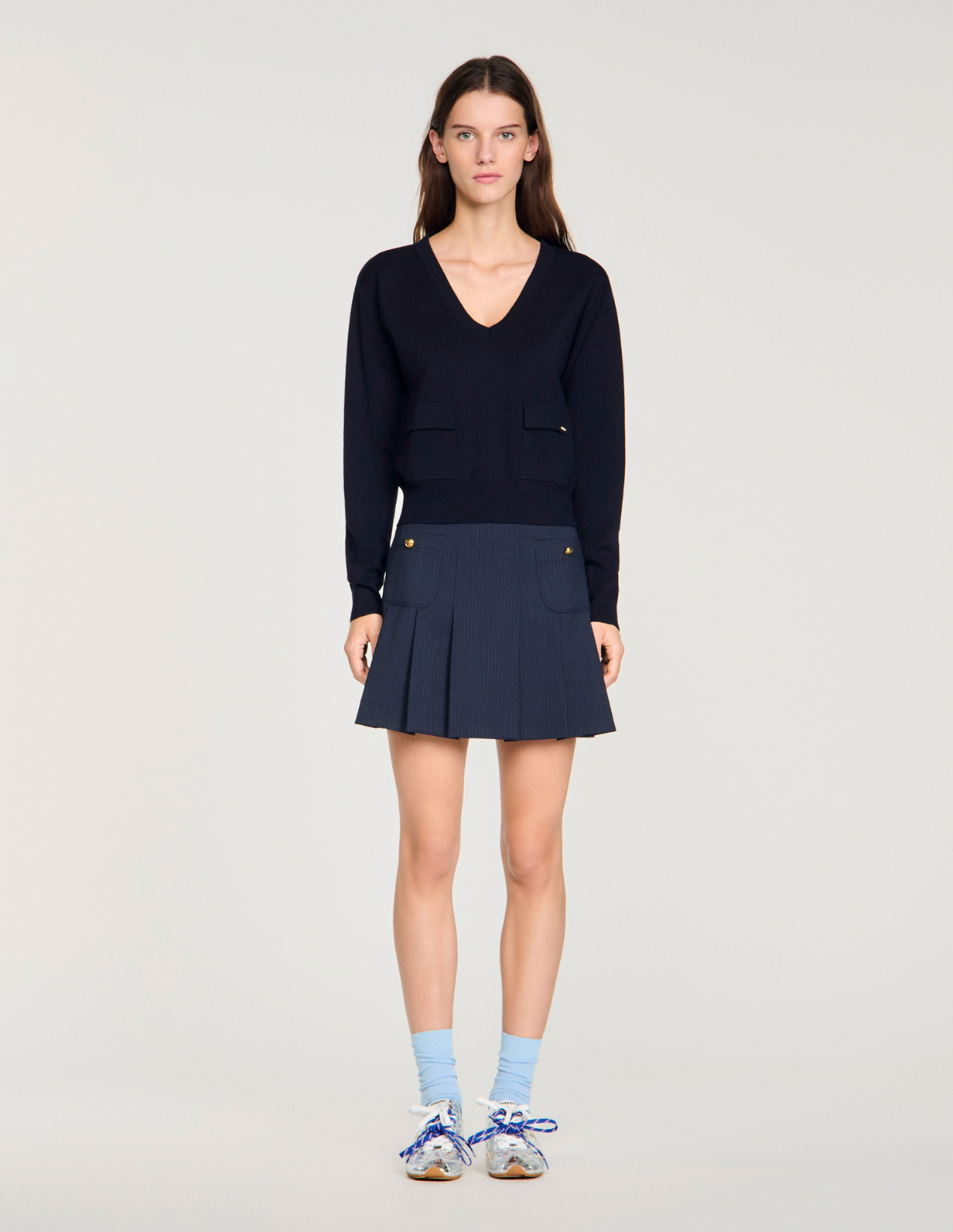 Женский синий джемпер с V-образным вырезом_2