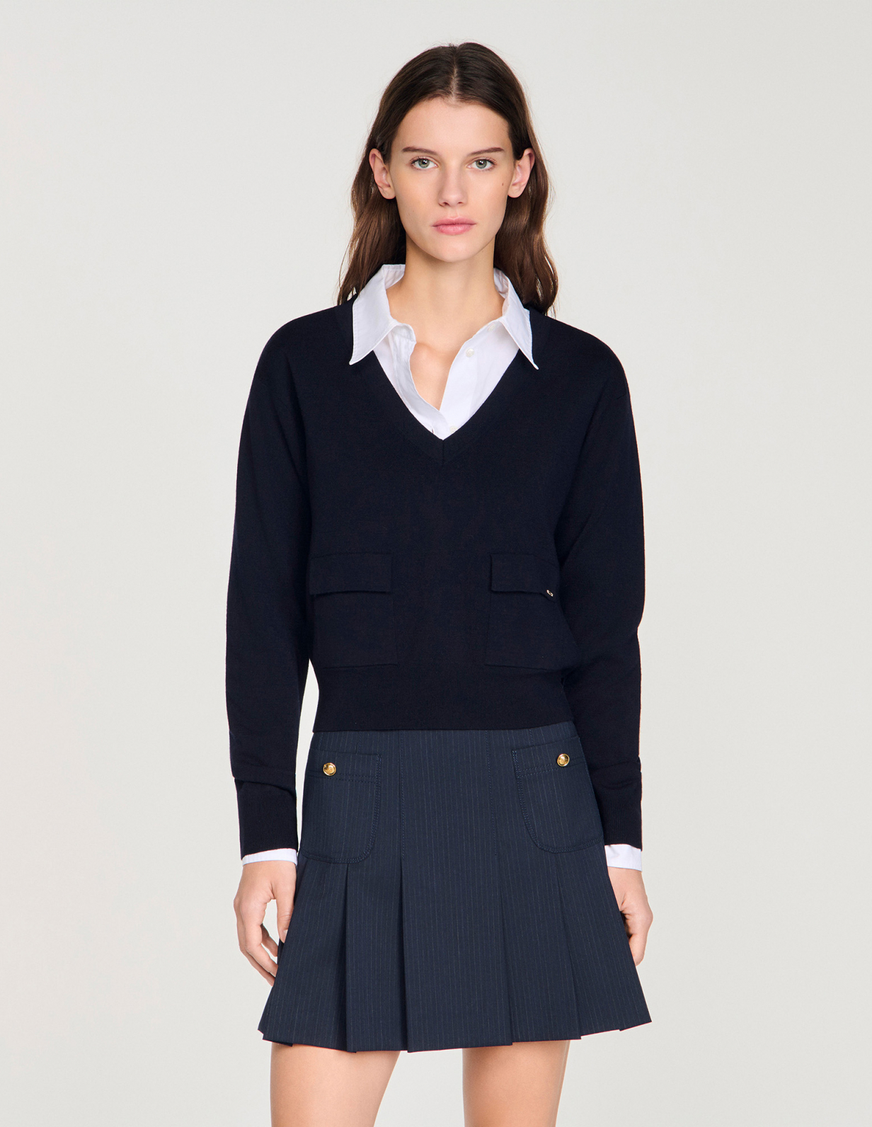 Женский синий джемпер с V-образным вырезом_4