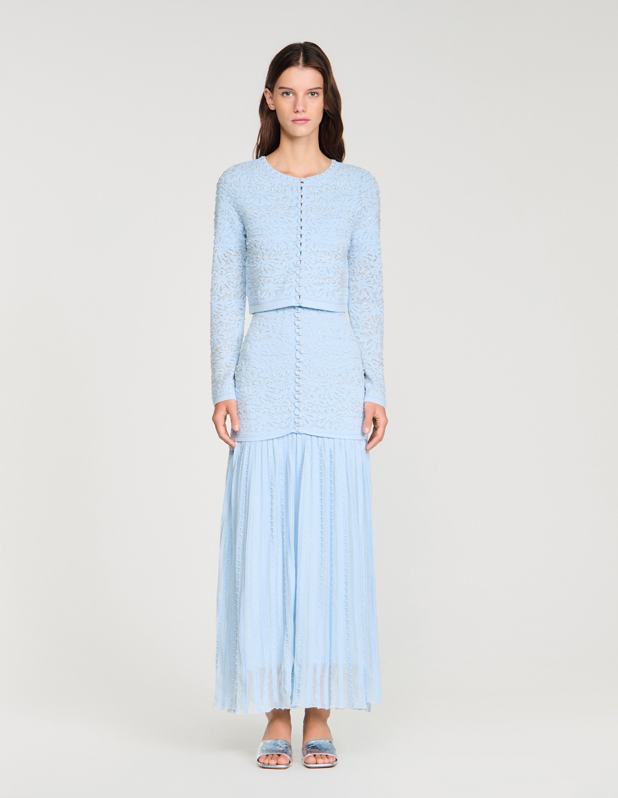 Жіночий укорочений кардиган, прикрашений перлами_2