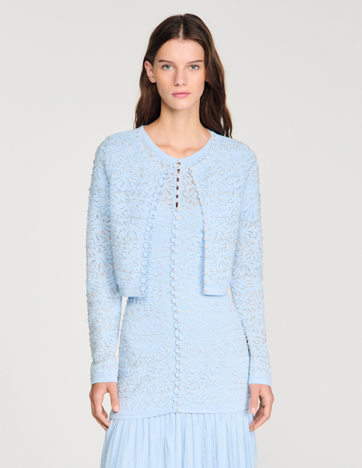 Жіночий укорочений кардиган, прикрашений перлами_4