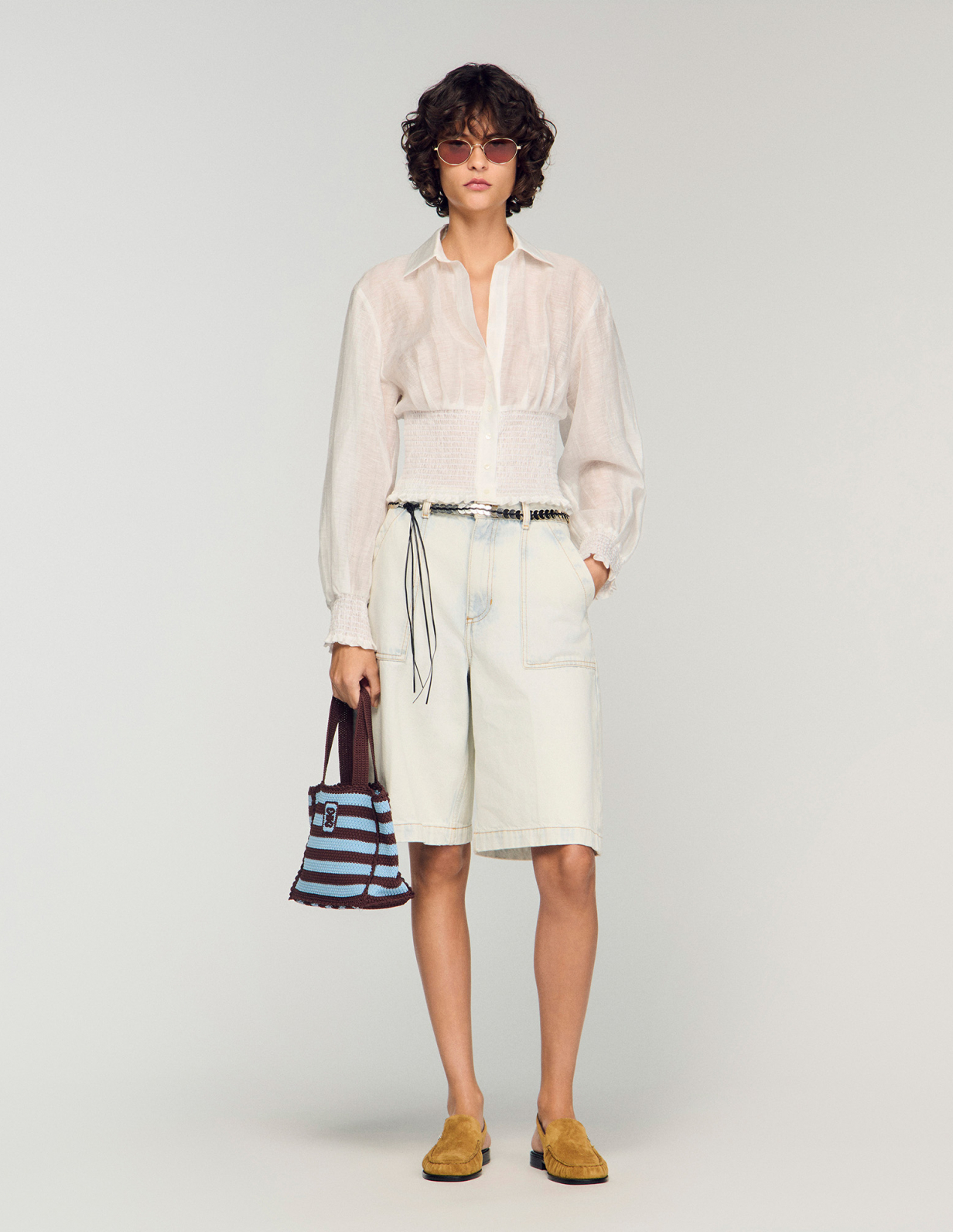 Женская льняная рубашка с присборенной талией_1