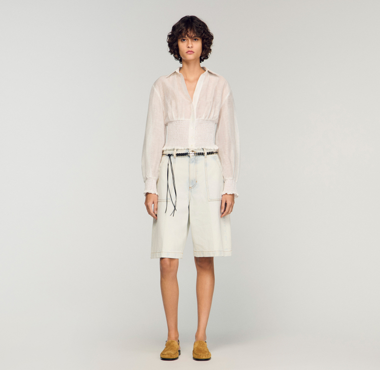 Женская льняная рубашка с присборенной талией