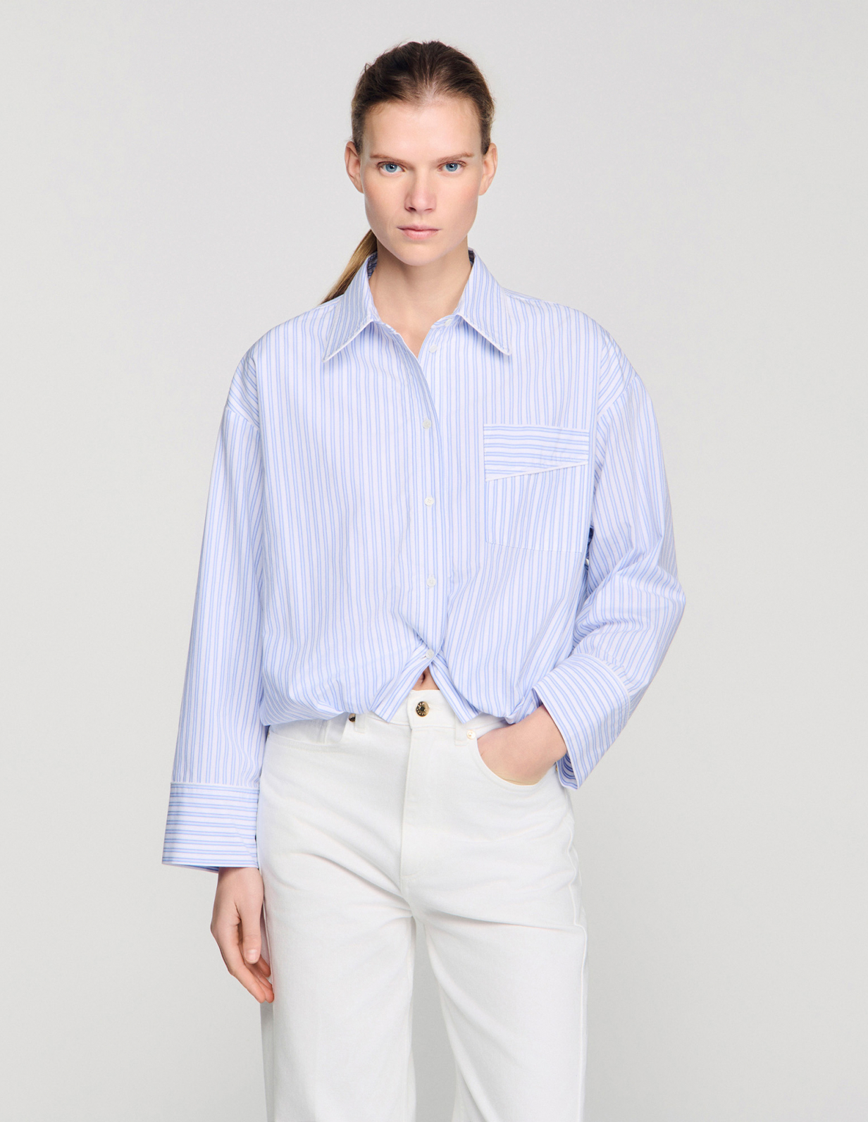 Женская полосатая короткая рубашка_4