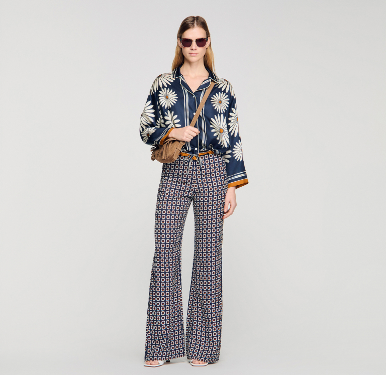 Женская шелковая рубашка с цветочным принтом