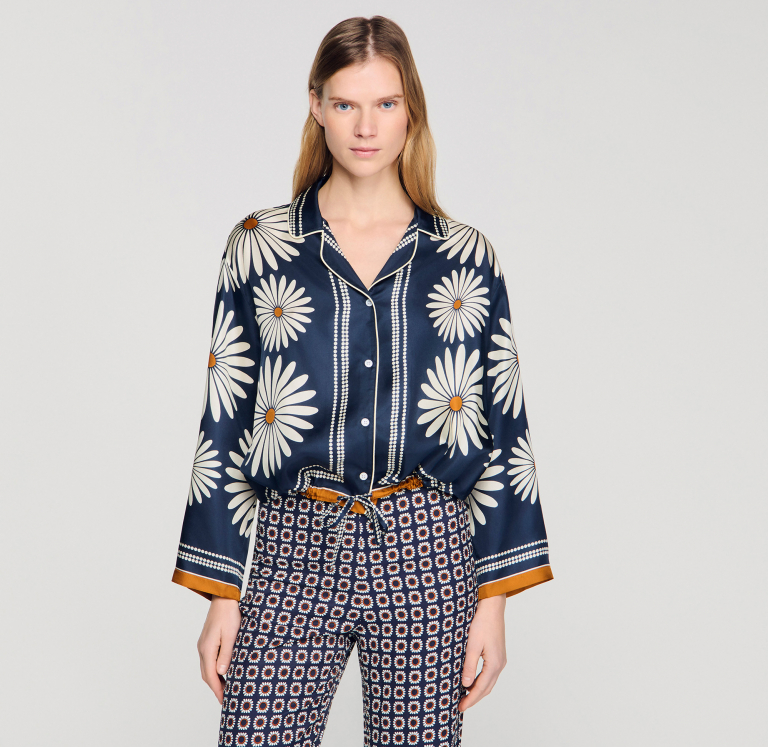 Женская шелковая рубашка с цветочным принтом