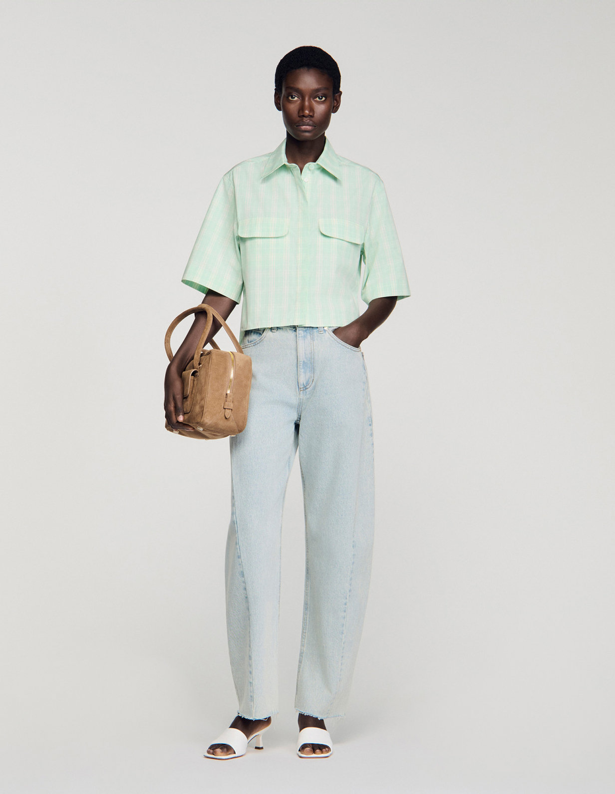 Женская рубашка в клетку с коротким рукавом_1