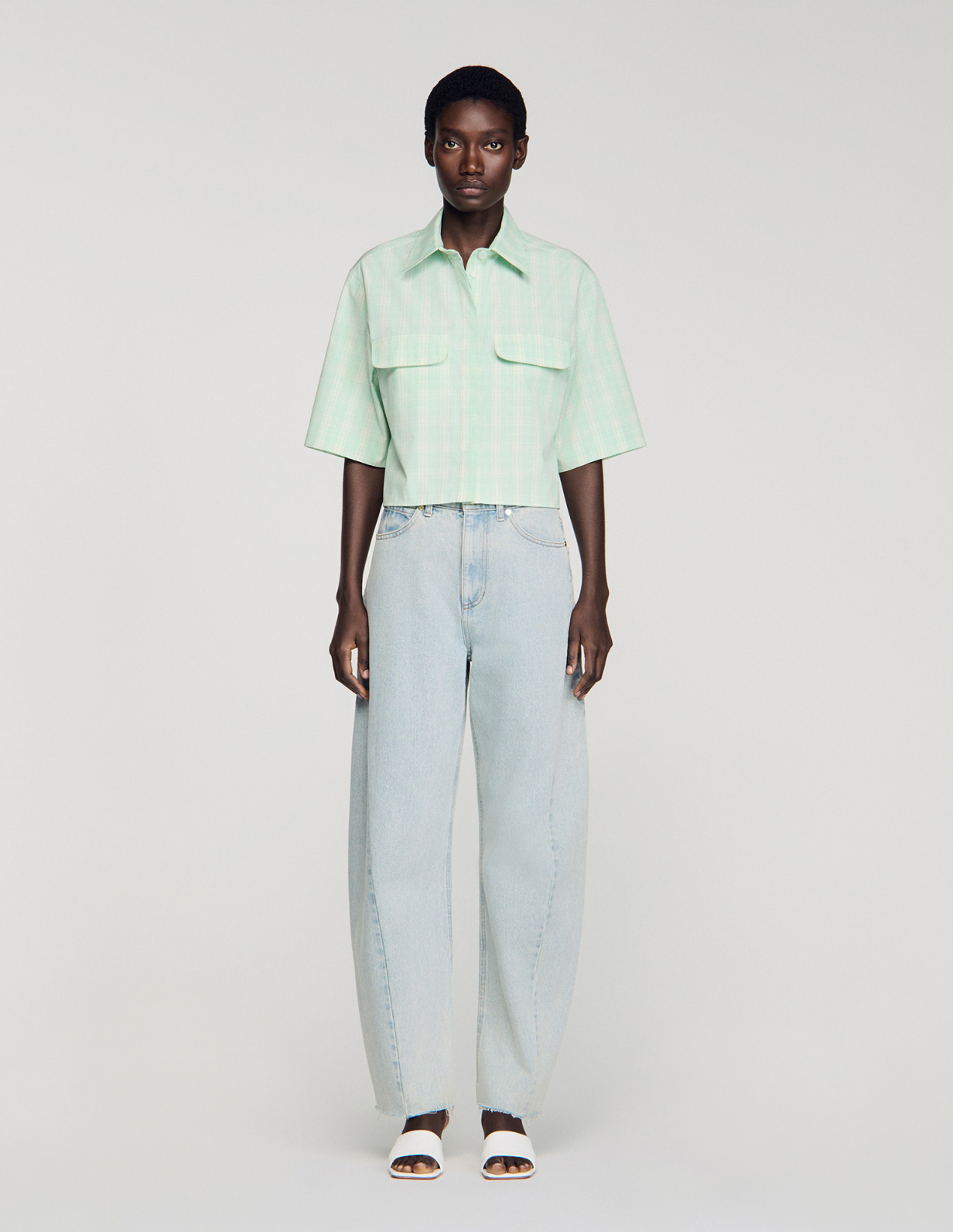 Женская рубашка в клетку с коротким рукавом_2