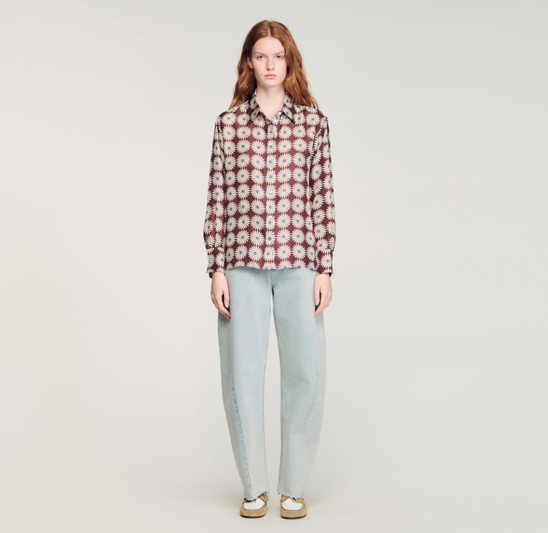 Женская шелковая рубашка с цветочным принтом