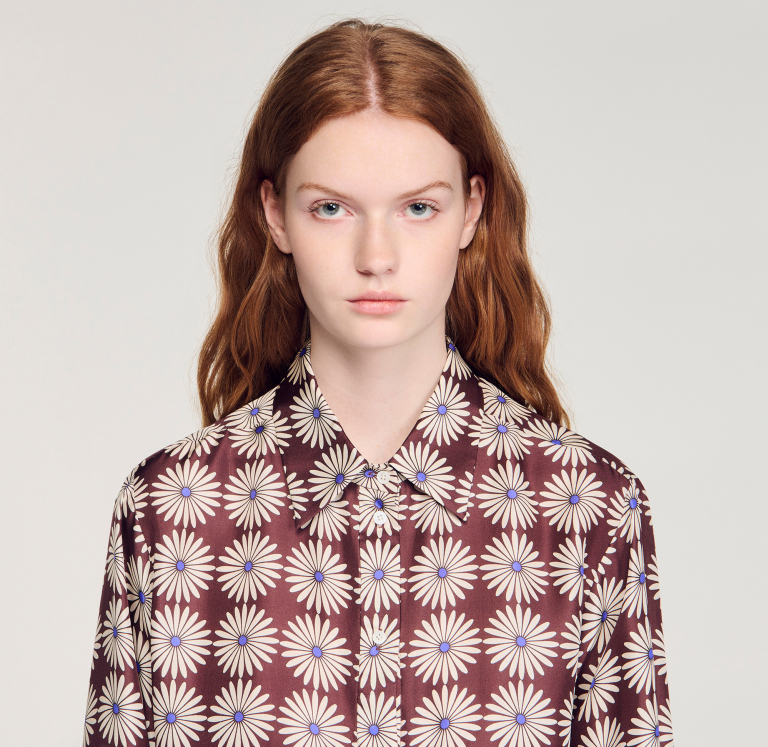 Женская шелковая рубашка с цветочным принтом