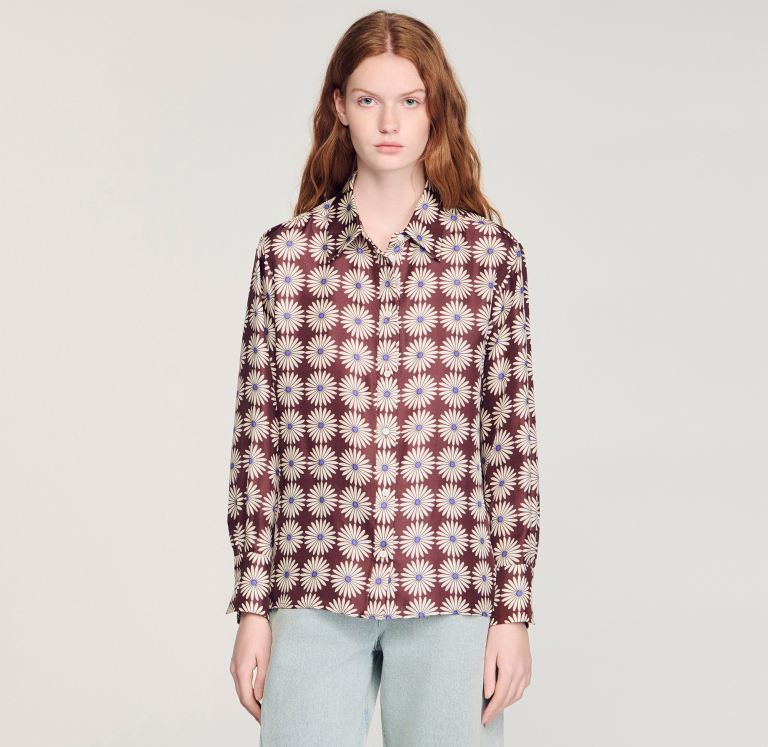 Женская шелковая рубашка с цветочным принтом