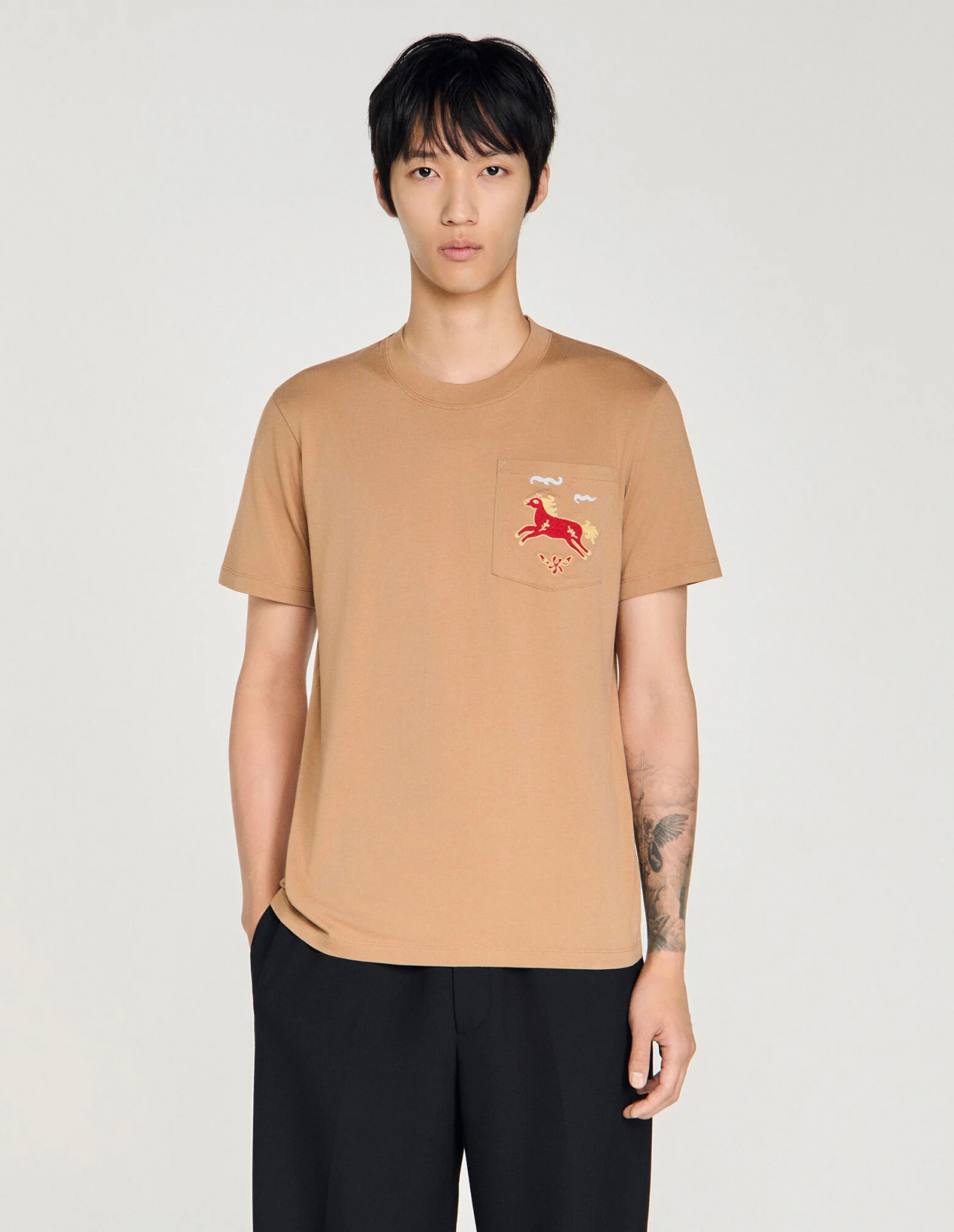Чоловіча бежева футболка з вишивкою коня_4