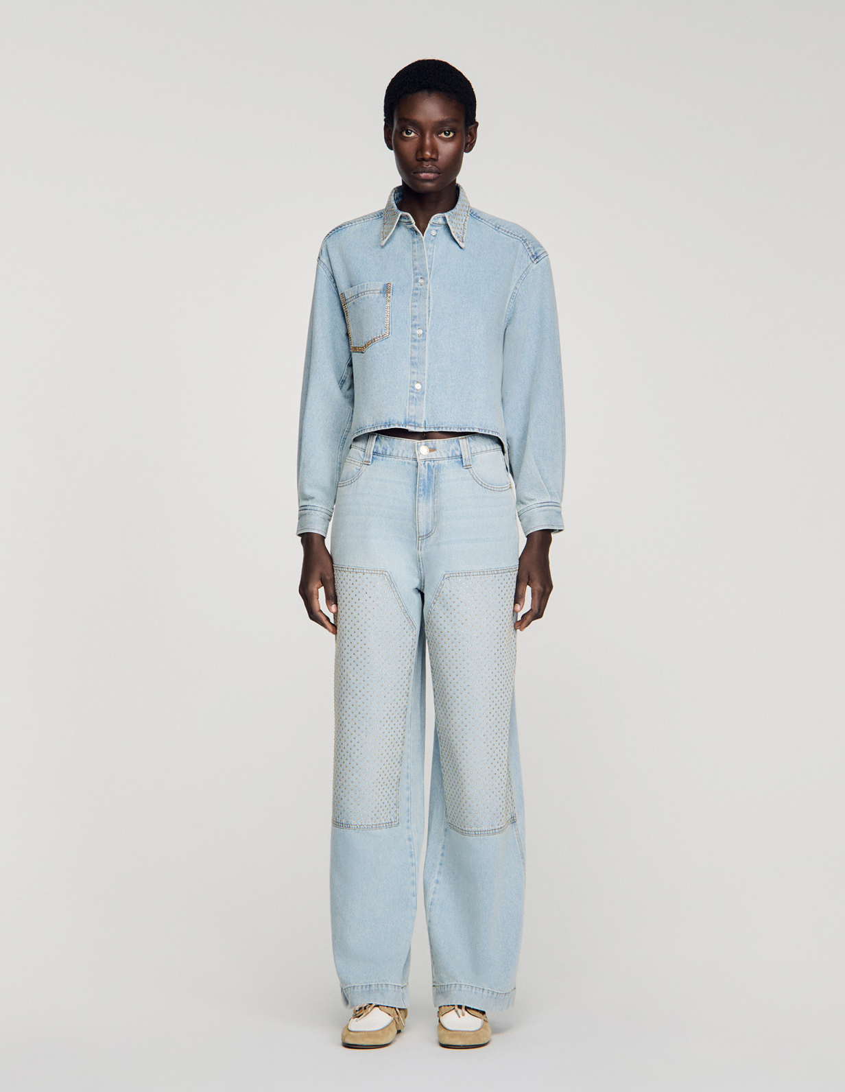 Жіноча джинсова сорочка зі стразами_2