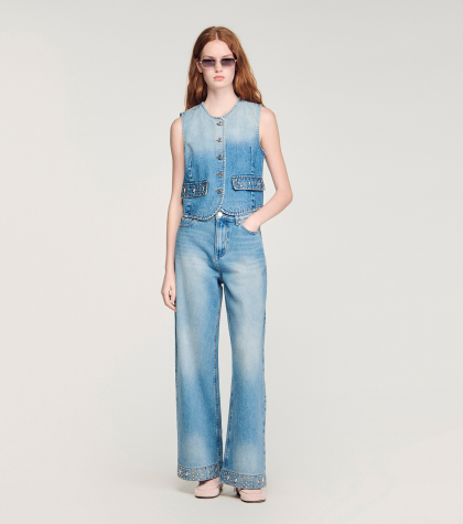 Женские синие широкие джинсы из заклепками