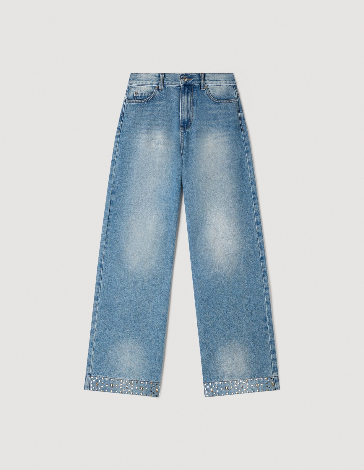 Женские синие широкие джинсы из заклепками_6