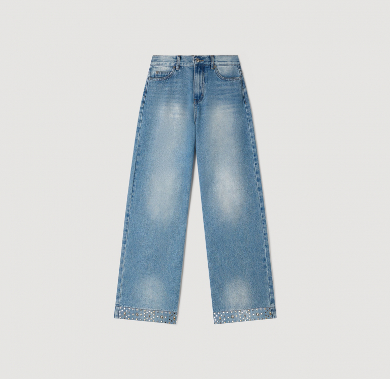 Женские синие широкие джинсы из заклепками