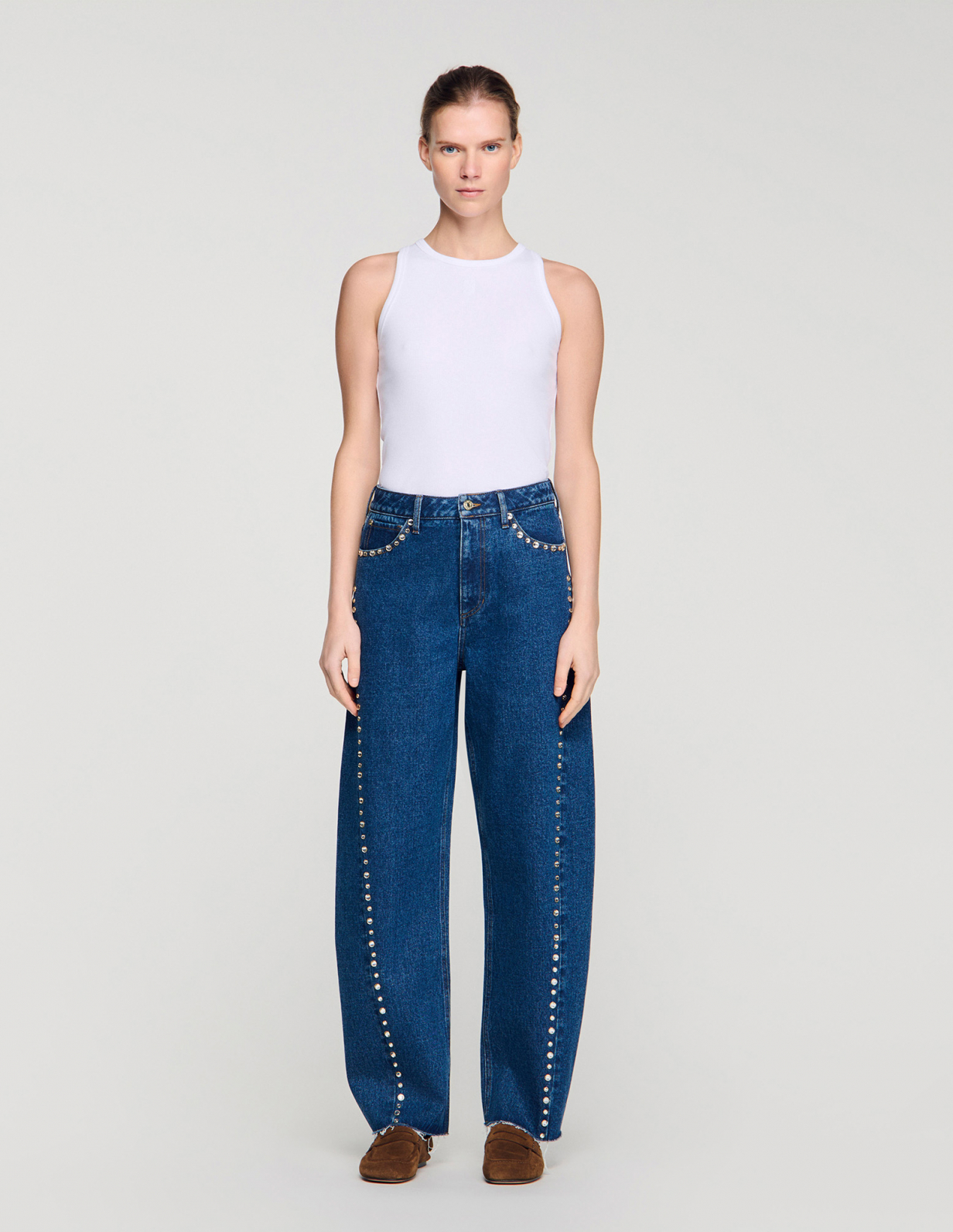 Жіночі сині джинси-балони зі стразами_2