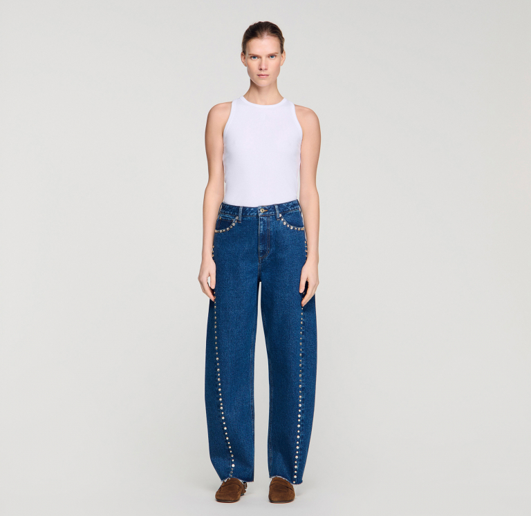 Жіночі сині джинси-балони зі стразами