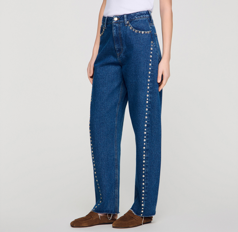 Жіночі сині джинси-балони зі стразами