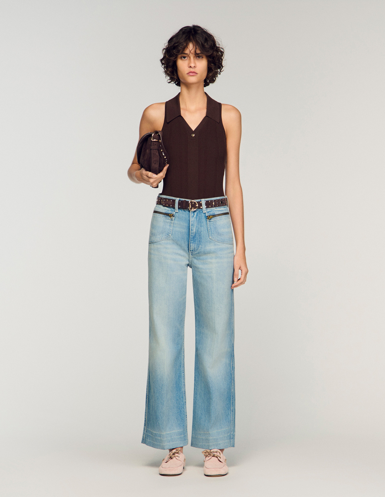 Женские голубые прямые джинсы с молниями_1