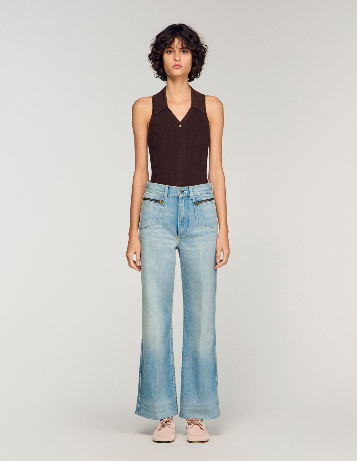 Женские голубые прямые джинсы с молниями_2