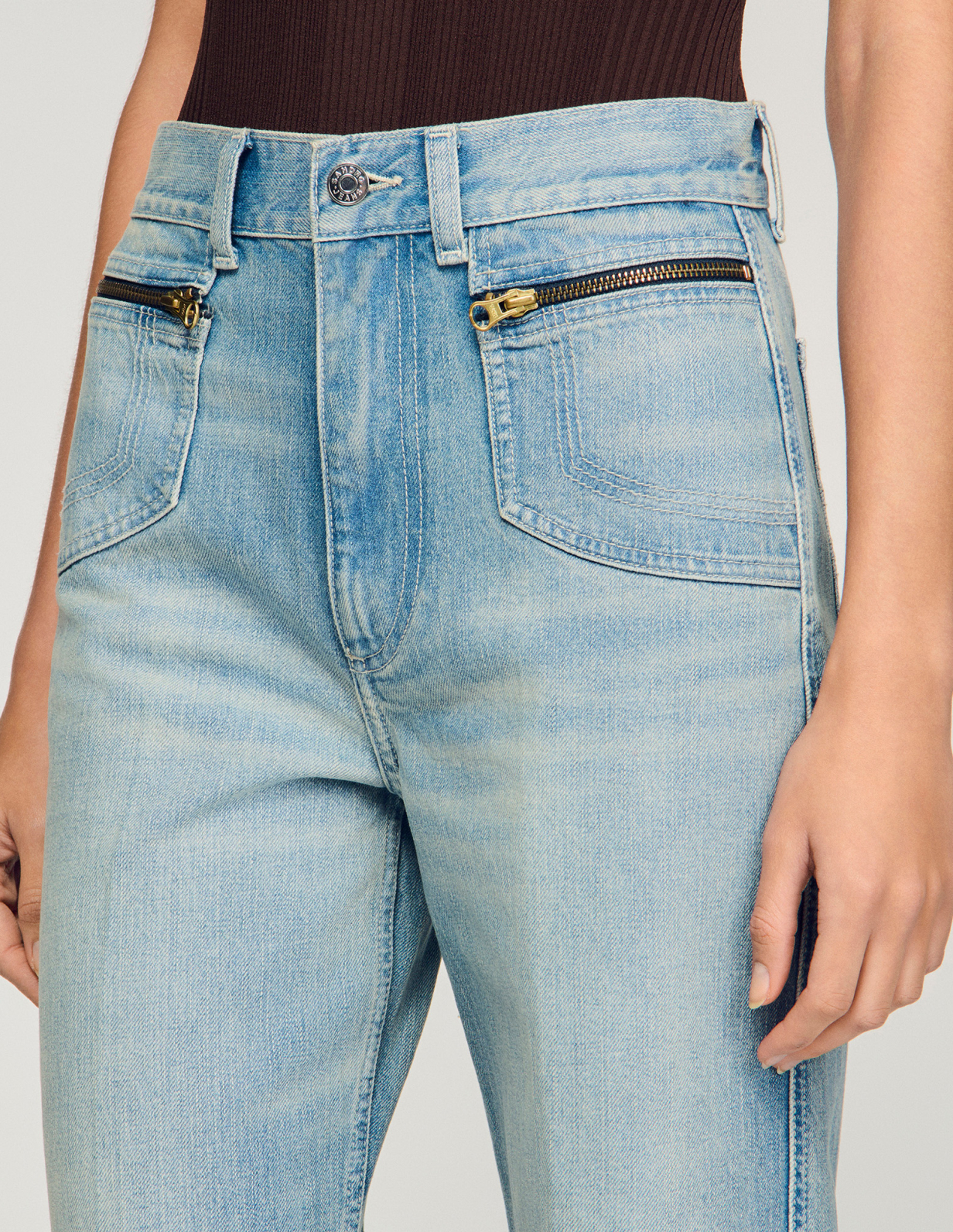 Женские голубые прямые джинсы с молниями_3