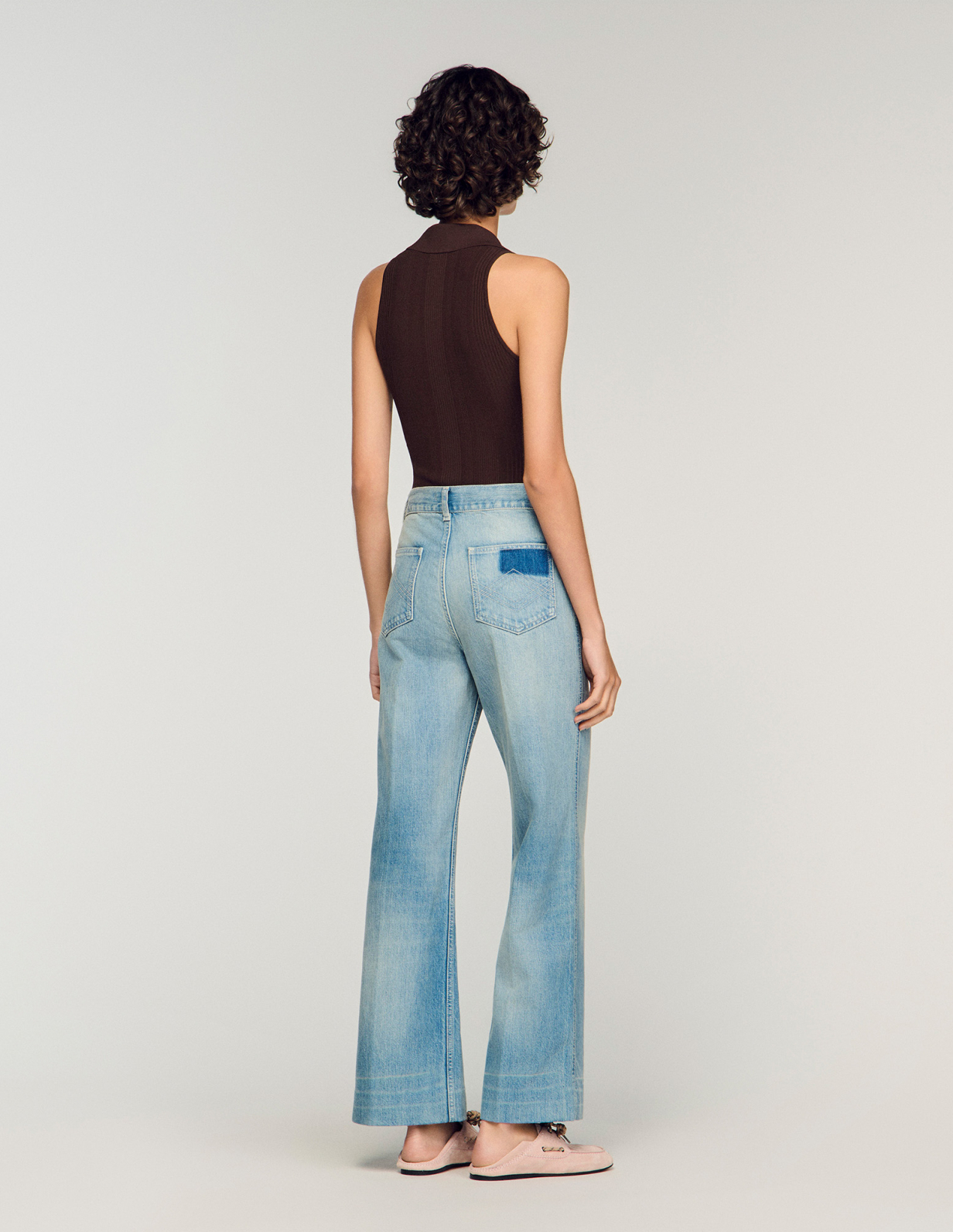 Женские голубые прямые джинсы с молниями_5