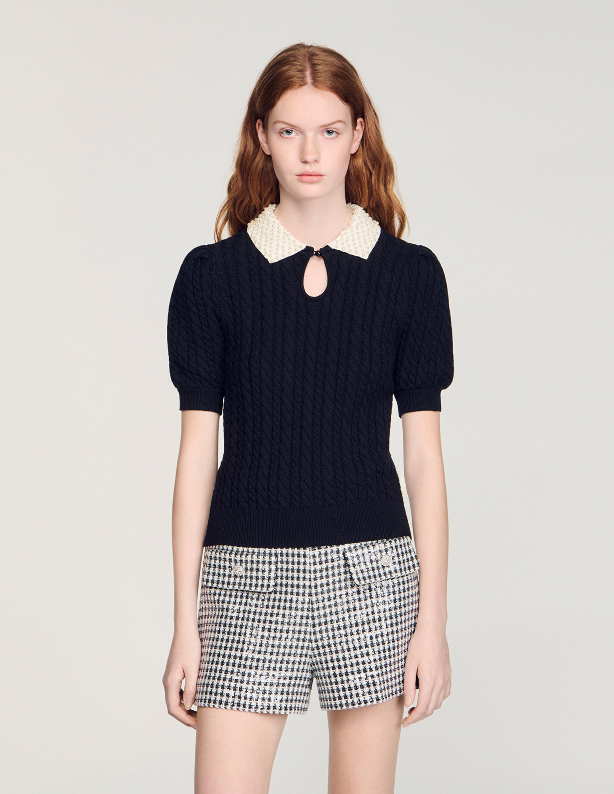 Жіночий джемпер крупної в'язки з коміром з перлів_4