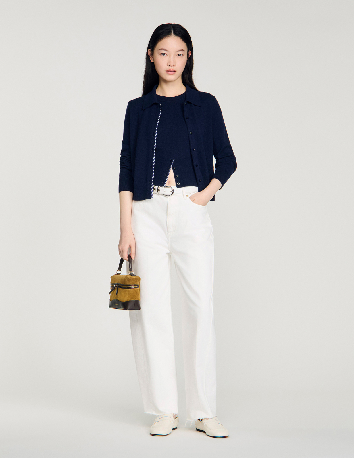 Женский синий кардиган с отделкой в полоску_1