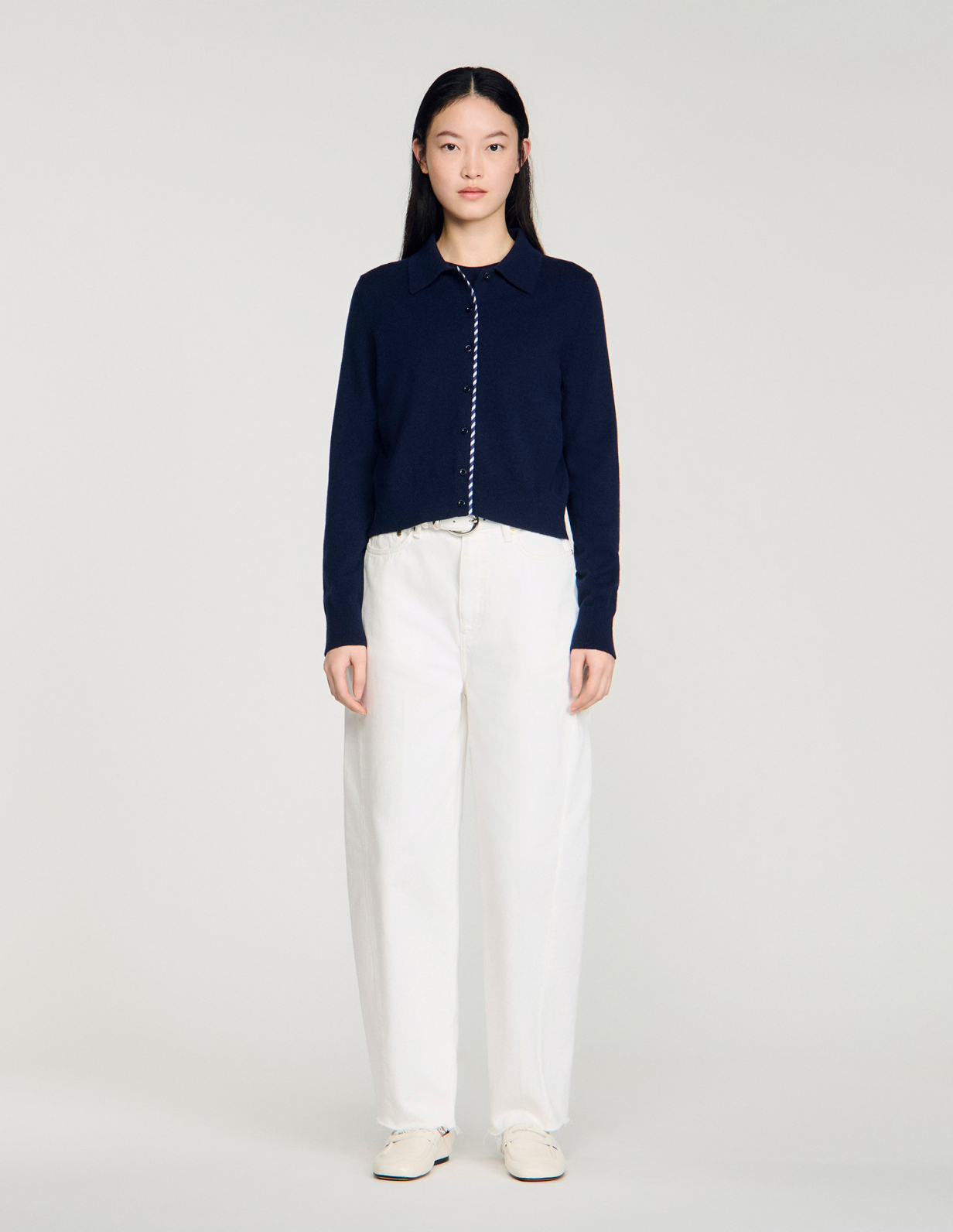 Женский синий кардиган с отделкой в полоску_2