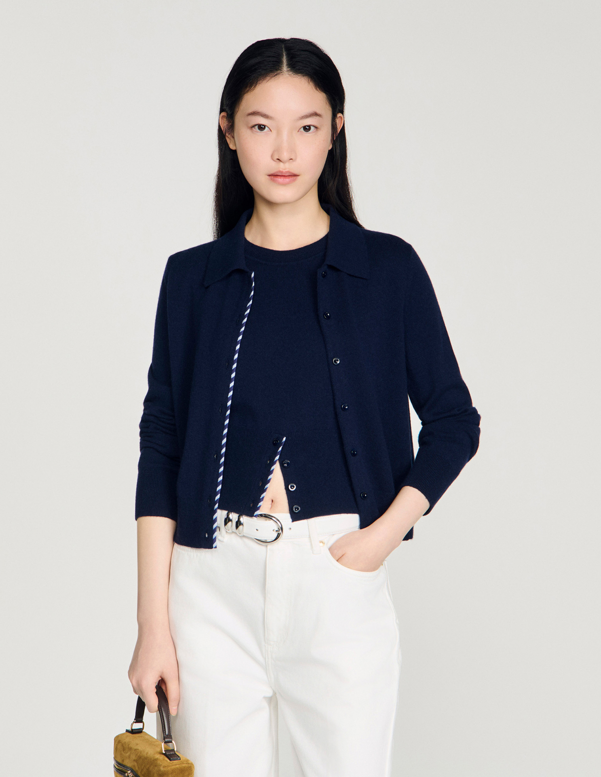 Женский синий кардиган с отделкой в полоску_4