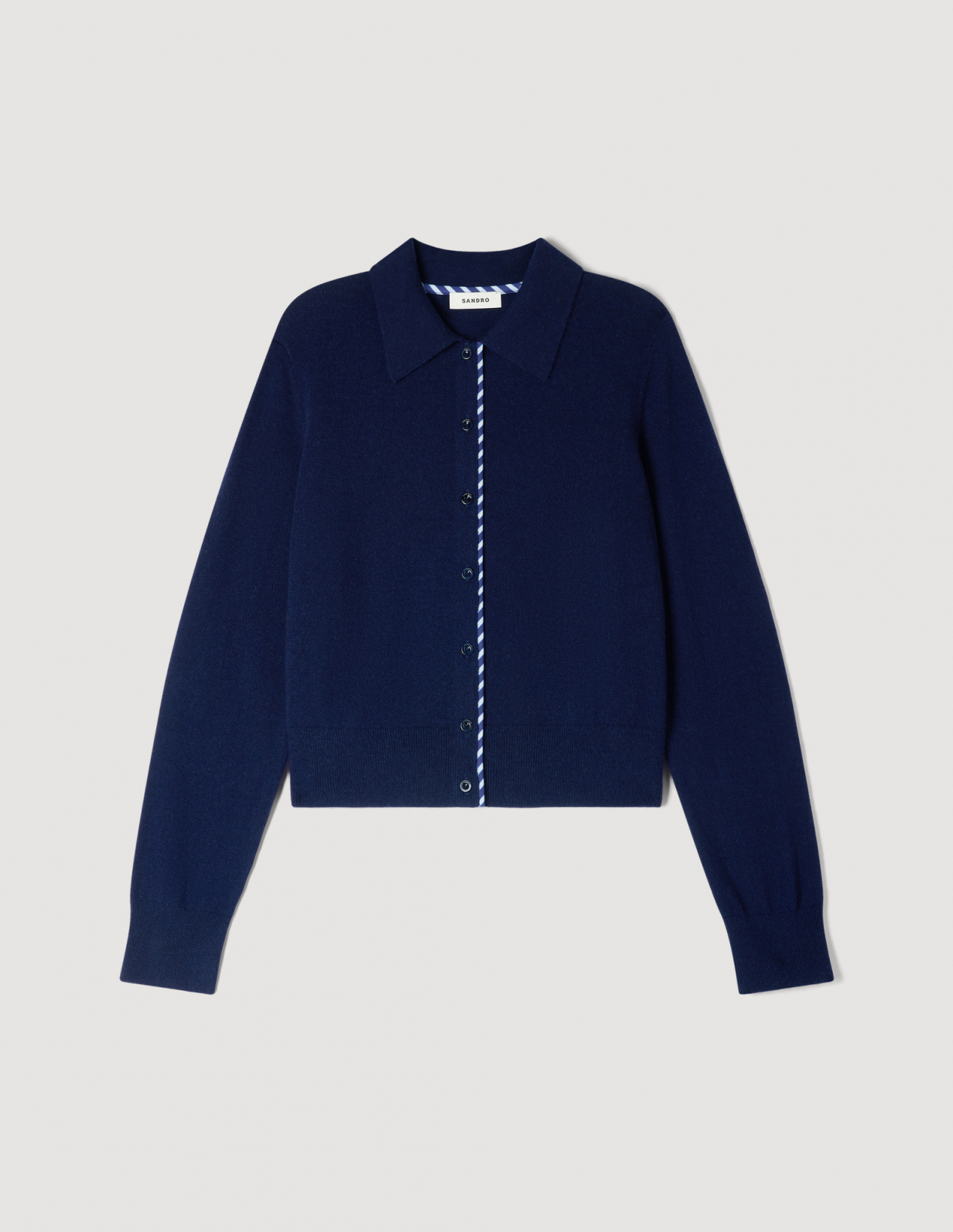 Женский синий кардиган с отделкой в полоску_6