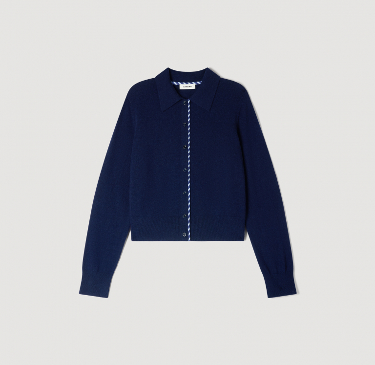 Женский синий кардиган с отделкой в полоску