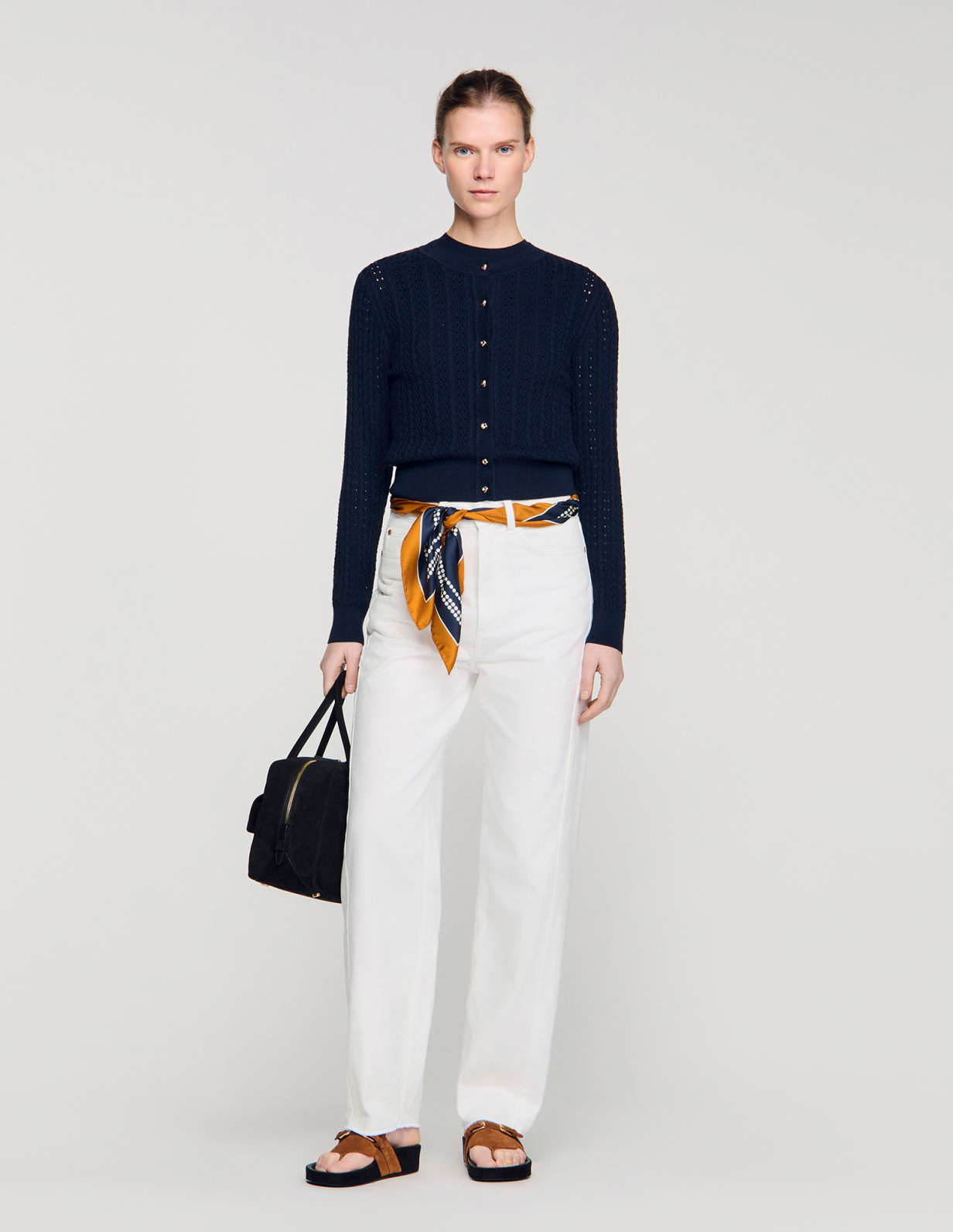 Женский синий кардиган из фактурной вязки_1