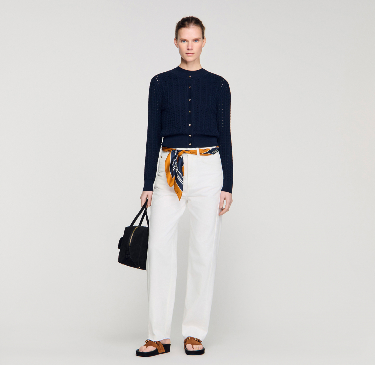 Женский синий кардиган из фактурной вязки